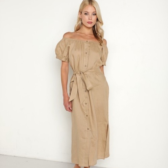 Eberjey Linen Harper Khaki Button Down Stretch Round Collar Lagenlook Midi Dress - Picture 6 of 8